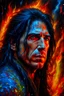 Placeholder: fire, lightning, wind, rain, volcanic lava, fireworks, explosions, multicolored neon lights, Paul Stanley/Elvis Presley/Keanu Reeves hybrid in the art style of Leonardo De Vinci, oil paint on canvas, 32k UHD, hyper realistic, photorealistic, realistic, life-like, extremely detailed, extremely colorful, sharp beautiful professional quality,