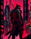 Placeholder: dibujo de contorno de un Samurái negro y rojo con traje cyberpunk, fondo ciudad