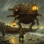 Placeholder: massive surreal cyclops golem with a biomechanical oculus emitting beams of light, golem stumbling along the shoreline dragging large lanterns, nighttime in a windy rainstorm, by Jean Baptiste Monge, by Wayne Barlow, fantastic surreal horror art, dramatic, kinetic, eerie dark primary colors, matte oil painting, intricate complex detail.