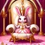 Placeholder: 'Princess rabbit' - a white rabbit in a Crinoline Princess dress outfit and wearing Crinoline Princess jewelry, big pink eyes, sitting on the gold throne in the Palace of Versailles, cute, cartoon style, throne room