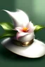 Placeholder: Envision a small, chubby character with a simple and stylized appearance, reminiscent of a whimsical cartoon character. The focus of the image is on the character's head, adorned with a charming hat. This hat is not an ordinary one but rather a unique and artistic creation from which an elegant Calla Lily gracefully emerges. The flower seamlessly integrates with the hat, giving the impression that it is blooming and flourishing as part of the headwear. The character and hat combination, being sm