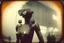 Placeholder: steampunk, vintage analog polaroid of a woman robot, female body, fog, lomography, heavy film grain, night, color bleed, depth of field, bokeh, retro