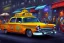 Placeholder: a study of cell shaded cartoon of a hotrod taxi cab with blower infront of a store front, custom, road, illustration, vivid colors, post grunge, highly detailed, sharp focus, alien, centered perspective view, concept art by sam curry