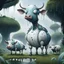 Placeholder: far in the distance five big crepy-cute weird creatures stand on four legs on eart , on tube heads is one giant eye , gray-white-pale blue color skin, with big cow udders on the belly between their legs,, without ears ,peacefully grazing the grass, background is a jungle, rain, detailed, sci-fi, fantasy, cinematic