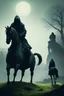 Placeholder: Draw me a mossy stones in the distance background a giant statue on a horse of a hooded shadow of a scary creature