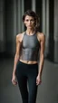 Placeholder: photography of a beautiful anorexic woman, grey satin triathlon top, sports illustrated, brunette short wavy bob haircut, pronounced sternum, flat chest, anthracite short leggins