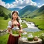 Placeholder: very nice country side with hills ,waterfall over a river with clear water,girls with perfect pretty face in folk costums and a jar, filling their jugs with water and some of them leaving while carring there jugs in there shouldes and 1beautiful girl with jug in shoulder in closeup , very nice mountains at distant, nice clouds in sky ,wide green field with flowers.