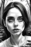 Placeholder: beautiful woman with big eyes and lips, black and white, sorrow emotions fantasy scene sitting in nature hyper-realistic drawing