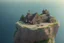 Placeholder: house on top of a cliff shot from high birdeye view with shark sticking out of the side of the house like an impossible fate