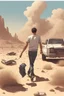 Placeholder: A wounded 25-year-old boy in a men's sports tee is walking in the desert with his head down, smoking a cigarette, and a scene of destruction is unfolding behind him