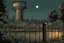 Placeholder: night, watertower, overgrown apocalyptic city background, comic book, fence