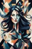 Placeholder: Neo Surrealism, whimsical art, Analytical Cubism Illustration Design a perfect pretty girl, black long hair, Split-Complementary color guide, Plasma Energy Texture, abstract background, girl, Pose with movement, often for geometric deconstruction, monochromatic palette, or fragmented forms.