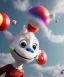 Placeholder: Ultra realistic speed clouds sky scene, wide angle view, child falling down with many Children background, inflatable monsters, circus dress style, feather color, free jumping flying, many trinkets, hair monster, many jelly beans, balls, color smoke, smile, happy, extreme, wind, clouds sea, 20,000 feet altitude, stratosphere, soft color, highly detailed, unreal engine 5, ray tracing, RTX, lumen lighting, ultra detail, volumetric lighting, 3d, finely drawn, high definition.