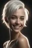 Placeholder: Chiaroscuro lighting, deep shadows, rich deep colors, full body portraits, 8K Ultra-HD, Hyper Realistic, Photorealistic, Realistic, focused, Clear, Extremely Detailed, beautiful, Cinematic, proportionate, full color, an image of a smiling young woman with short, pixie-cut bleached white hair, tapered on the sides, wearing a pair of blue round lensed glasses, and a pink and blue button t-shirt, big happy smile, a foggy, cloudy blue background