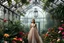 Placeholder: Victorian greenhouse overtaken by jungle, exotic birds nesting in iron rafters, morning mist, lost paradise atmosphere,a pretty model lady as queen walking in flowers to camera