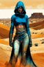 Placeholder: create a fine art print full body illustration of a rugged gritty, roughly textured, hooded, blue eyed, Fremen female warrior with highly detailed feminine facial features, amidst the swirling desert sands of Arrakis, in the comic book art style of Bill Sienkiewicz, and Jean Giraud Moebius, finely textured, drawn, colored, and inked,