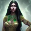 Placeholder: fantasy setting, indian woman, dark-skinned, green and black wavy hair, mid-long hair