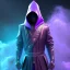 Placeholder: purple galaxy masked hooded super villain, weapons in hands, teal and purple smoke, full portrait, hyper realistic, 4k