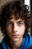 Placeholder: curly dark brown fluffy hair, blue eyes, boy, 15years old,