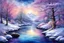 Placeholder: Pencil drawing fully colored, satin digital painting, Beautiful Winter River Scenery, Coquette Style, blue and shimmering light lila and Pink color settings, 3D png saved, soft clean and smooth aquarelle effect, highly detailed, hyper realistic, intricate detail, white background, Josephine Wall Style art