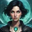 Placeholder: dungeons & dragons; digital art; portrait; female; warlock; the fathomless; sea green eyes; short black hair; young woman; clothes for sea travel; teenager; deep waters; ocean water; circle halo background; no jewelry; young; pretty; dark clothes