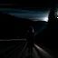 Placeholder: dark night, a woman silhouette on the side of the road,, mountains and forests next to the road, a sunrise in the distance, photo quality