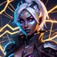 Placeholder: female cyberpunk Latina drow surrounded by crackling electricity, wild facepaint, anime style, retroanime, video game character, smiling coyly