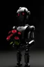 Placeholder: Robot holding heart with flowers inside, contemporary art, not so perfect, black