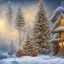 Placeholder: foto realistic winter house with a illuminated christmas tree and presents in the night