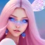 Placeholder:  beautiful, soft, whide smile face,whole head, long blonde straight hair, blue eyes, fairy wings on the back, transparent crystal blue and pink clothes, background blue and pink, big definition, 8K