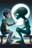 Placeholder: alien and a boy sitting on a bench. alien isshowing boy with his alien hand the universe that boy never saw with his human eyes. there are geometric stuff all around and some planet stuff. boy and alien are friends. realistic style, like photography.