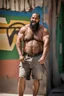 Placeholder: close up photography of an ugly 40 year old stocky robust burly marocan giant, wearing ripped work shorts, shirtless, leaning with his back on the wall, crossing arms, dirty, sweat, wet, ajar mouth, hairy chest, , very virile, short beard, shaved hair,, , in a sunny street, photorealistic , frontal view from the ground