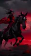 Placeholder: A black hooded woman with cane on a black wild horse , jumping on fire ,red clouds in the sky with storm and cinematic scene 4k