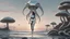 Placeholder: A woman with dark hair in a silver robotic catsuit, standing on a beach, flying mushrooms with octopus tentacles floating above her