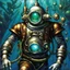 Placeholder: 90's tcg art silver steampunk male diver with glowing helmet underwater