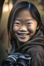 Placeholder: portrait of an asian girl 11 years old, smiling, outdoors, dslr camera, cinematic photography, epic angle, dark colour tone, hyper-realistic