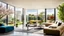 Placeholder: Beautiful modern luxurious minimal domestic living room, floor-to-ceiling windows look out onto attractive flower gardens and fruit trees. Room is light, comfortable, peaceful, welcoming and tasteful. The home was recently the winner of a national architecture award. Afternoon, springtime, blue sky with some high cloud.