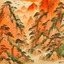 Placeholder: A light rosy orange colored oriental gorge with pandas designed in Chinese paper art painted by Zhang Lu