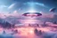 Placeholder: magnificent and luminous ufo, flying abover a futuristic city with pink and blue colored building very sweet and pacefull