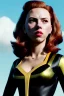 Placeholder: retro portrait image from 1960, sky background, wind, long red hair, fighting stance, sweet young Scarlett Johansson, black dress, classic long tight lycra black suit, gold bracelet and belt, high heel boots, superhero style, black widow, soft color, highly detailed, unreal engine 5, ray tracing, RTX, lumen lighting, ultra detail, volumetric lighting, 3d, finely drawn, high definition, high resolution.