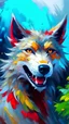 Placeholder: happy gentle kind grinning werewolf, smiling eyes wide open: daytime: acrylic painting, trending on pixiv fanbox, palette knife, brush strokes: