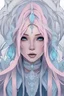 Placeholder: mixed race female with long straight pink hair, as an Ice mage in the style of balanced symmetry, black and blue, detailed facial features, frozen, ice, organic forms, muted tones, meticulous portraiture, complex patterns