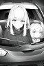 Placeholder: blonde young girl inside car, greyscale