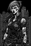 Placeholder: create a full body portrait illustration of a female cyberpunk private detective with prosthetic arm in flak vest, with highly detailed , sharply defined feminine facial features, in a chaotic, turbulent, otherworldly London in the style of Junji Ito, precisely drawn, inked, with dramatic edges,