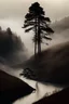 Placeholder: an ultra realistic photograph of a hillside in the mist and fog with sparse groups of pines with a river flowing through