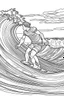 Placeholder: Outline art for coloring page OF A SURFER IN SHORTS RIDING A WAVE IN HAWAII LOOKING AWAY FROM US, coloring page, white background, Sketch style, only use outline, clean line art, white background, no shadows, no shading, no color, clear