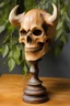 Placeholder: devil skull, sculpture, hand carved in old birch, front and side view