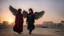 Placeholder: A Palestinian girl have tow wings wearing an palestinian dress in gaza during sunset in winter.