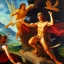 Placeholder: The winged messenger Hermes delivering a message to Zeus but Zeus is a Hydra. Medusa and the Minotaur are fighting in the background. High definition oil painting.