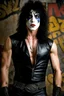 Placeholder: text 'KISS' - head and shoulders portrait, KISS - muscular 20-year-old Paul Stanley, Black star on right eye, Chest and stomach hair, black spandex and leather, 8-inch high platform boots, - a multicolored cement wall in the background,